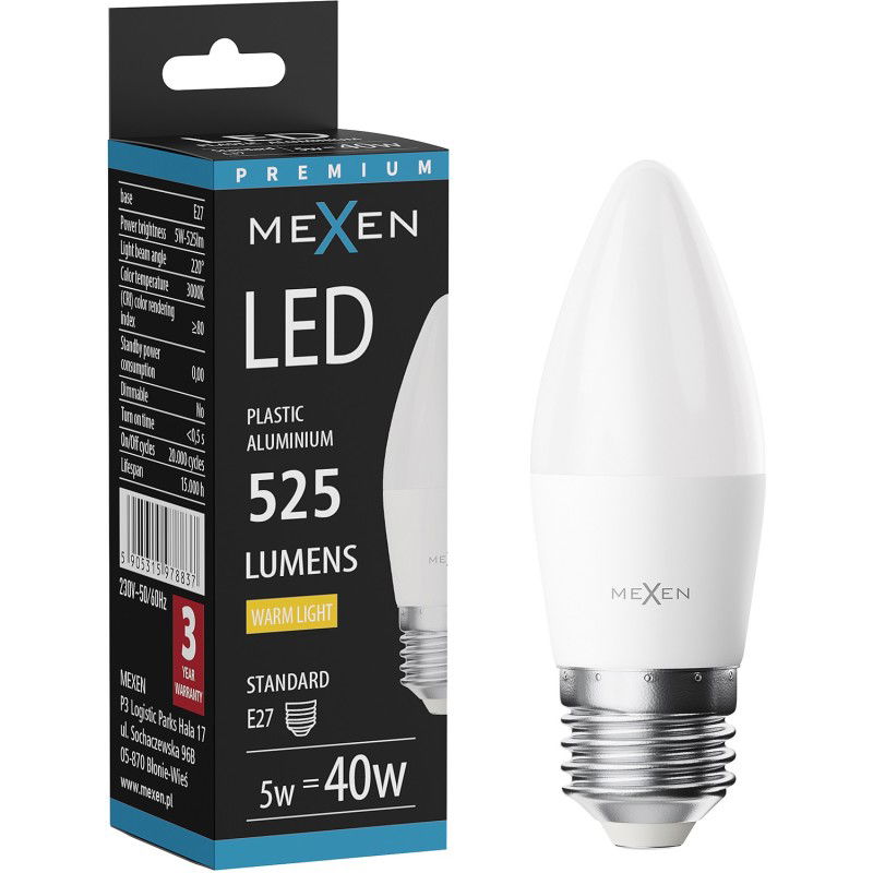 Mexen Nova LED крушка E27, C37, 5W, Топла - 3000K, 525 lm - L102-E27-0530-01