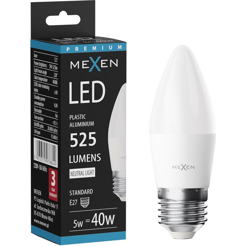 Mexen Nova LED крушка E27, C37, 5W, Неутрална - 4000K, 525 lm - L102-E27-0540-01