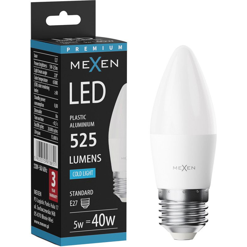 Mexen Nova LED крушка E27, C37, 5W, Студена - 6500K, 525 lm - L102-E27-0565-01