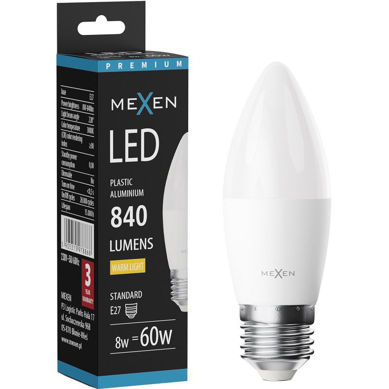 Mexen Nova LED крушка E27, C37, 8W, Топла - 3000K, 840 lm - L102-E27-0830-01