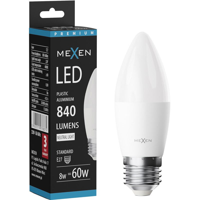 Mexen Nova LED крушка E27, C37, 8W, Неутрална - 4000K, 840 lm - L102-E27-0840-01
