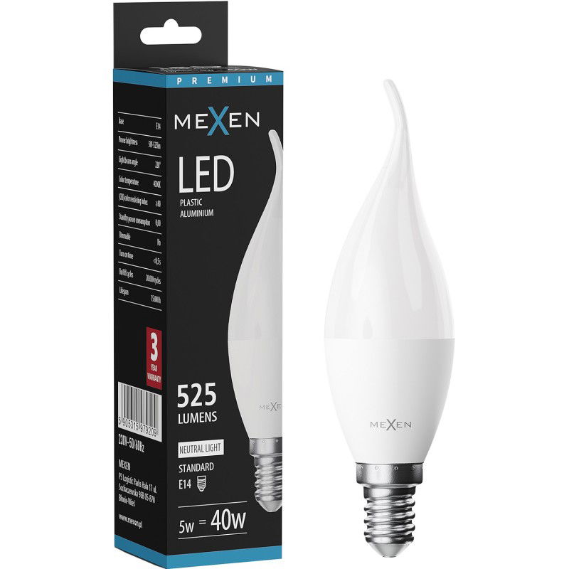 Mexen Nova LED крушка пламък E14, C37, 5W, Неутрална - 4000K, 525 lm - L106-E14-0540-01