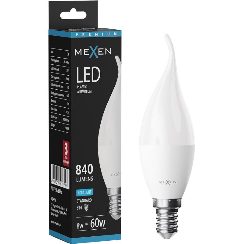 Mexen Nova LED крушка пламък E14, C37, 8W, Студена - 6500K, 840 lm - L106-E14-0865-01