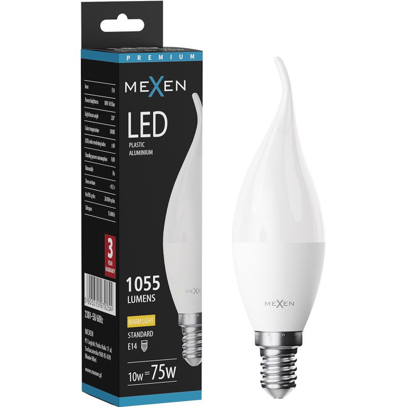 Mexen Nova Крушка LED пламък E14, C37, 10W, Топла - 3000K, 1055 lm - L106-E14-1030-01