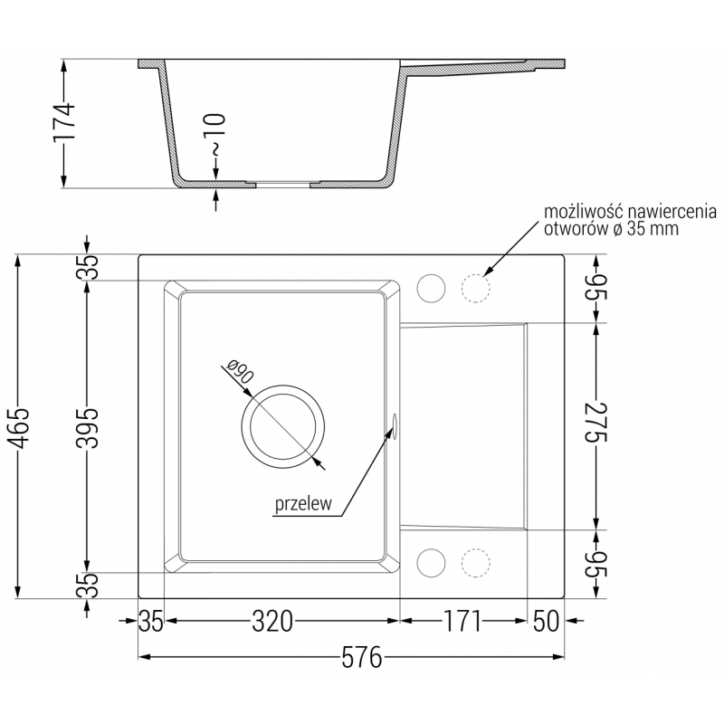 Mexen Enzo гранитна мивка 1-компартмент с плот за отцеждане 576 x 465 mm, бял, златен сифон - 6506571005-20-G