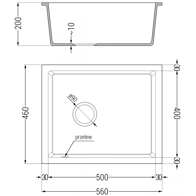 Mexen Pedro гранитна кухненска мивка с 1 корито 560 x 460 mm, черен/сребрист металик, сифон златен - 6508561000-73-G
