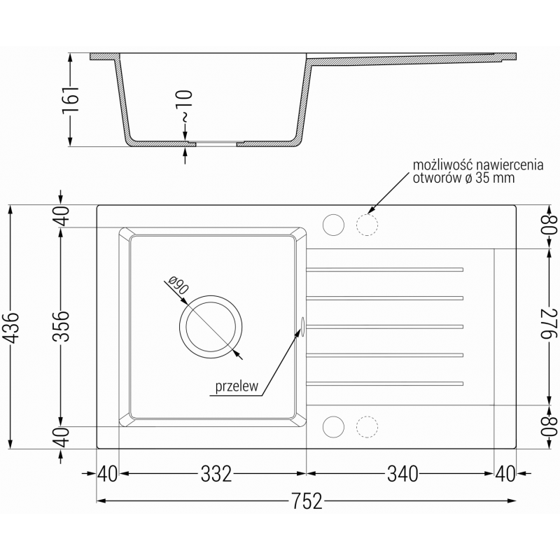 Mexen Pablo гранитна мивка с 1 отделение с отцеждач, 752 x 436 mm, сива, златен сифон - 6510751010-71-G