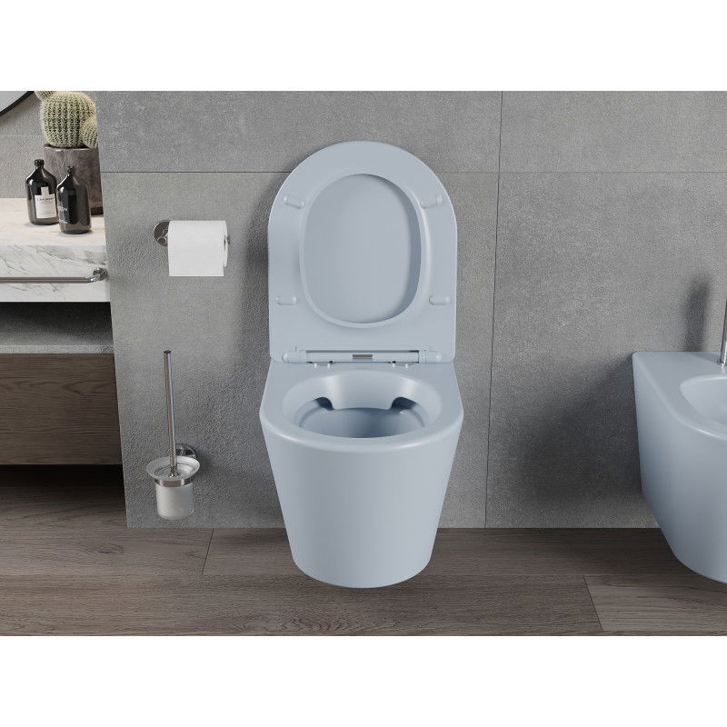 Mexen Rico Rimless WC с тоалетна чиния и плъзгаща се седалка slim, дуропласт, сиво-син мат - 30724069