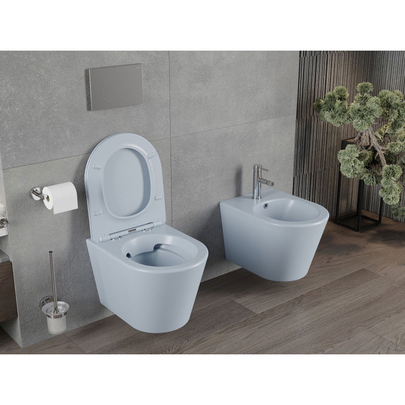 Mexen Rico Rimless WC с тоалетна чиния и плъзгаща се седалка slim, дуропласт, сиво-син мат - 30724069