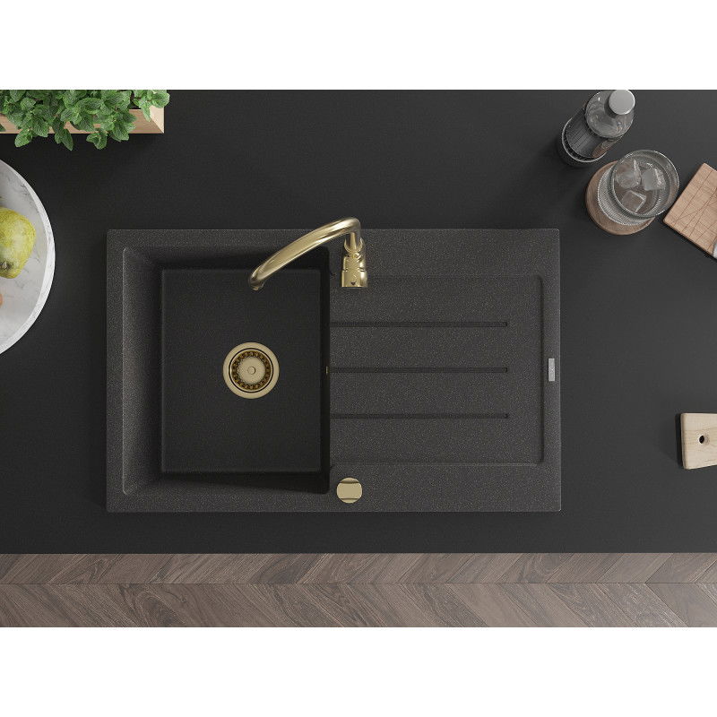 Mexen Bruno гранитна кухненска мивка с 1 отделение и отцедник 795 x 495 mm, черен на точки, златен сифон - 6513791010-76-G