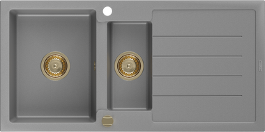 Mexen Andres кухненска мивка от гранит 1,5-камерна с отцедник 1000 x 500 мм, сива, сифон златен - 6515101510-71-G