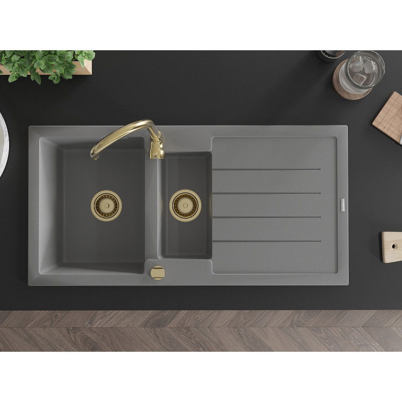 Mexen Andres кухненска мивка от гранит 1,5-камерна с отцедник 1000 x 500 мм, сива, сифон златен - 6515101510-71-G