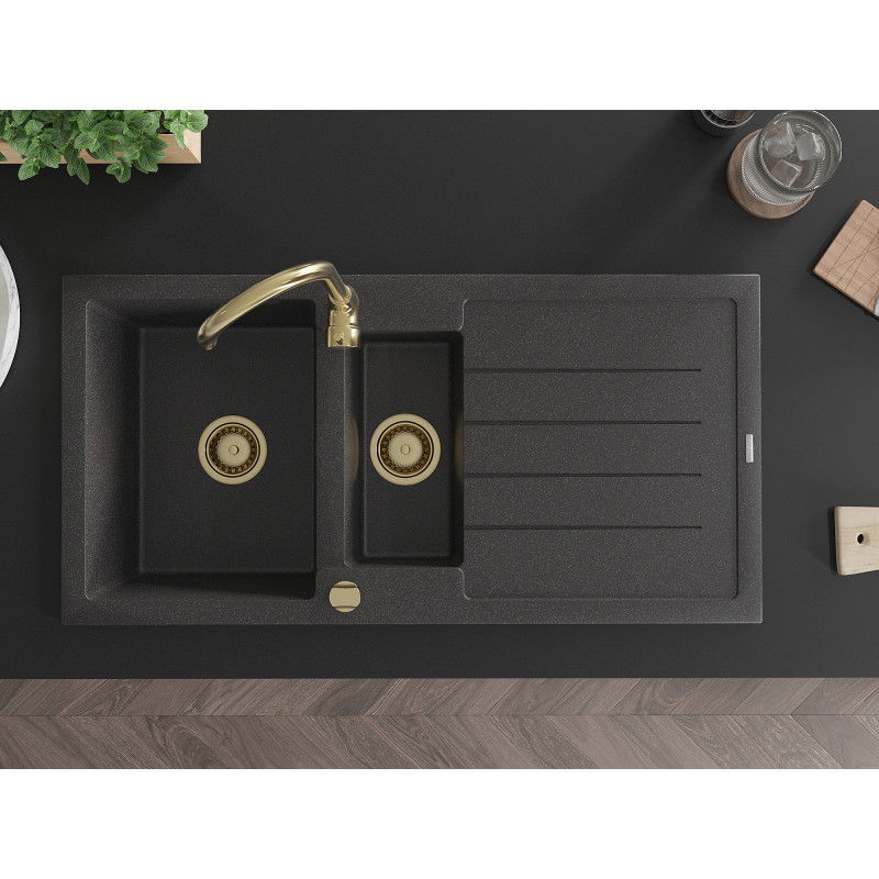 Mexen Andres гранитна мивка 1,5-камерна с отцедник 1000 x 500 мм черно на петна, златен сифон - 6515101510-76-G