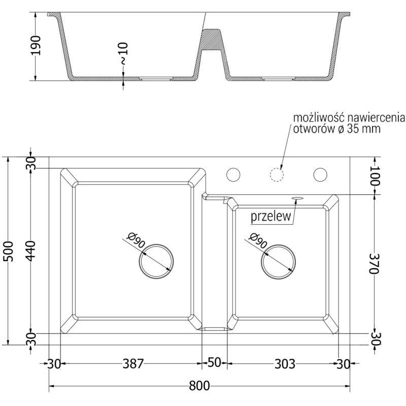 Mexen Tomas гранитна мивка с 2 камери 800 x 500 mm, черна на точки, златен сифон - 6516802000-76-G