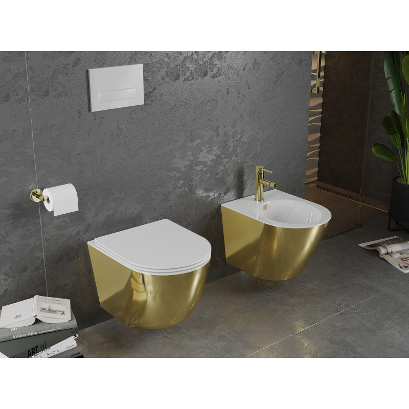 Mexen Lena WC чиния Rimless със забавено падане, тънка, дуропласт, бяла/златна