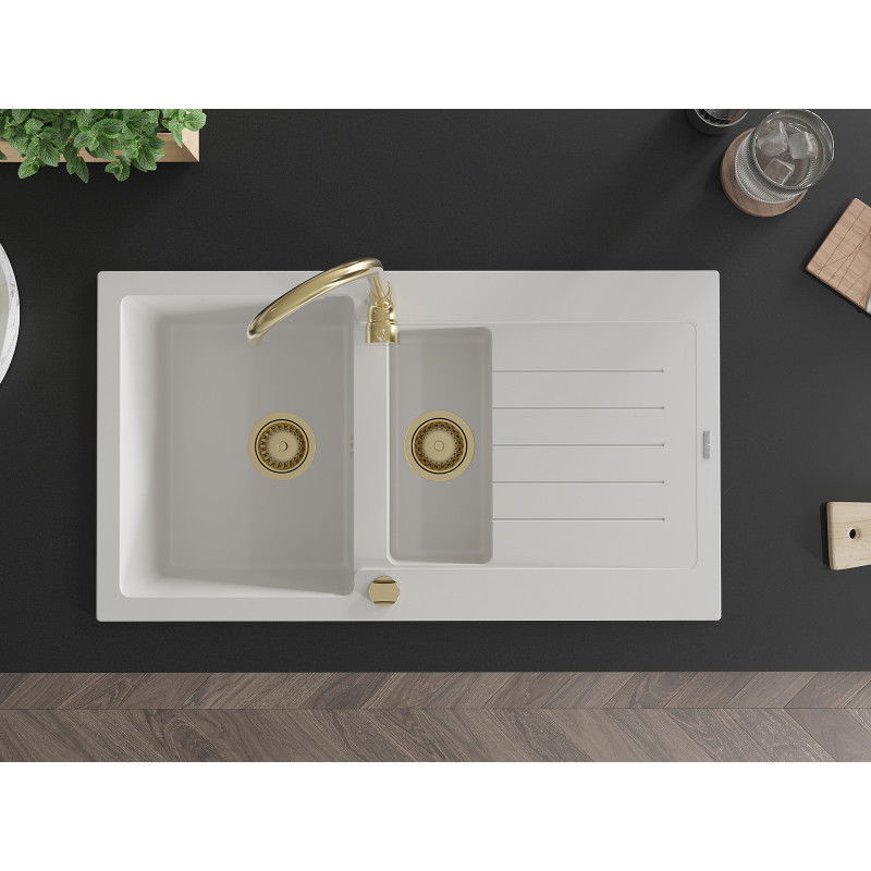 Mexen Matias гранитна мивка с 1,5 камери и капак 900 x 505 мм, бяла, златен сифон