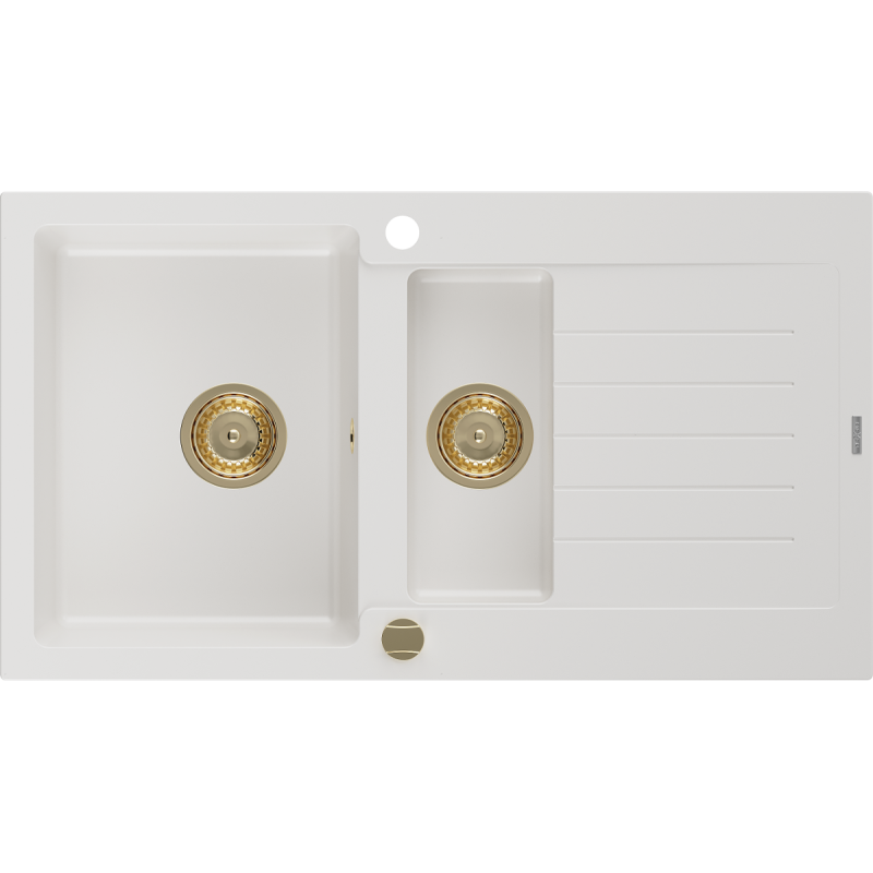 Mexen Matias гранитна мивка с 1,5 камери и капак 900 x 505 мм, бяла, златен сифон