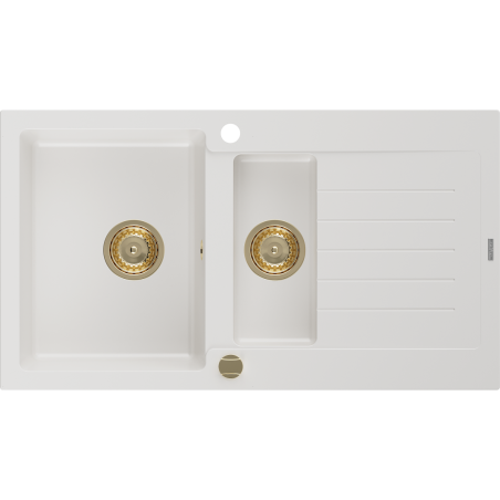 Mexen Matias гранитна мивка с 1,5 камери и капак 900 x 505 мм, бяла, златен сифон