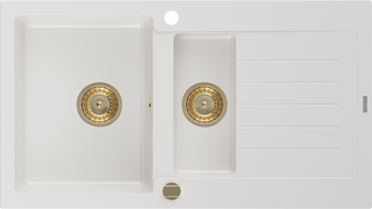 Mexen Matias гранитна мивка с 1,5 камери и капак 900 x 505 мм, бяла, златен сифон