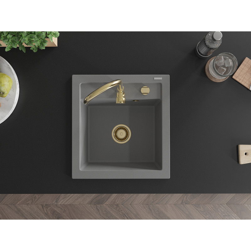 Mexen Vito гранитна мивка с една камера 520 x 490 мм, сива, златен сифон - 6503521000-71-G