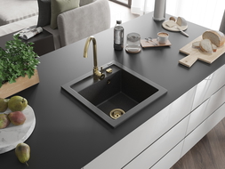 Mexen Vito гранитна мивка 1-коморова 520 x 490 mm, черна с точки, златен сифón - 6503521000-76-G