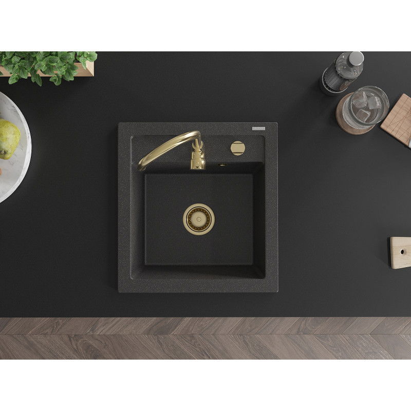 Mexen Vito гранирна мивка 1-камерна 520 x 490 мм, черно на пръски, златен сифон - 6503521000-76-G