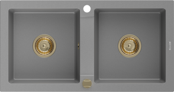 Mexen Mario гранитна мивка с две корита 820 x 436 мм, сива, сифон златен - 6504822000-71-G