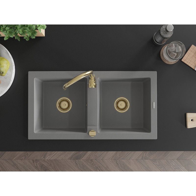 Mexen Mario гранитна мивка с две корита 820 x 436 мм, сива, сифон златен - 6504822000-71-G