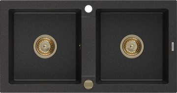Mexen Mario гранитна мивка с 2 камери 820 x 436 мм, черен/сребърен металик, златен сифон - 6504822000-73-G
