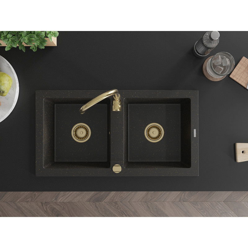 Mexen Mario гранитна мивка с 2 камери 820 x 436 mm, черен/златен металик, сифон златен - 6504822000-75-G