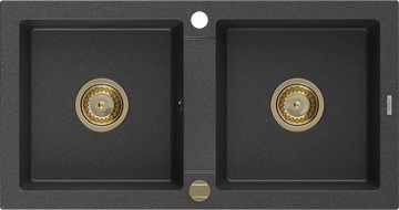 Mexen Mario гранитна мивка с 2 отделения 820 x 436 мм, черна на петна, сифони златни - 6504822000-76-G