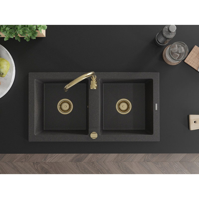 Mexen Mario гранитна мивка с 2 отделения 820 x 436 мм, черна на петна, сифони златни - 6504822000-76-G