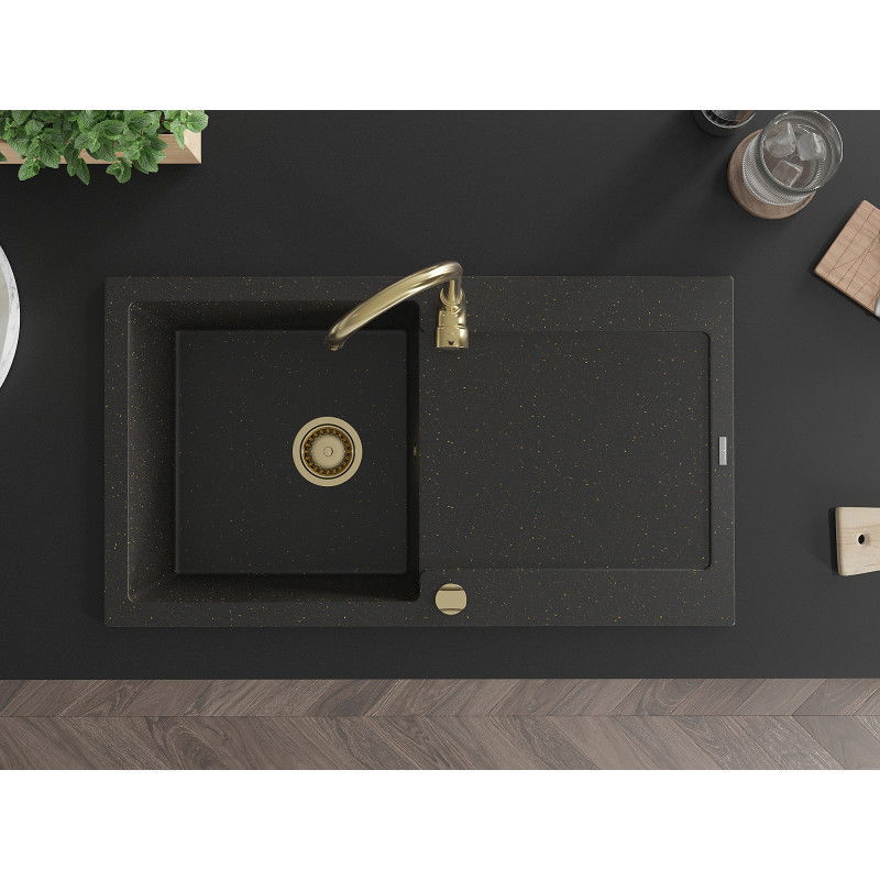 Mexen Leo композитна мивка с 1 корито и отцедник 900 x 500 mm, черен/златен металик, сифон златен - 6501901010-75-G