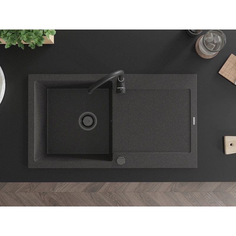 Mexen Leo гранитна мивка с едно корито и отцедник 900 x 500 мм, черен на петна, черен сифон - 6501901010-76-B