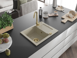 Mexen Enzo гранитна мивка с 1 отделение и капак 576 x 465 мм, бежова, златен