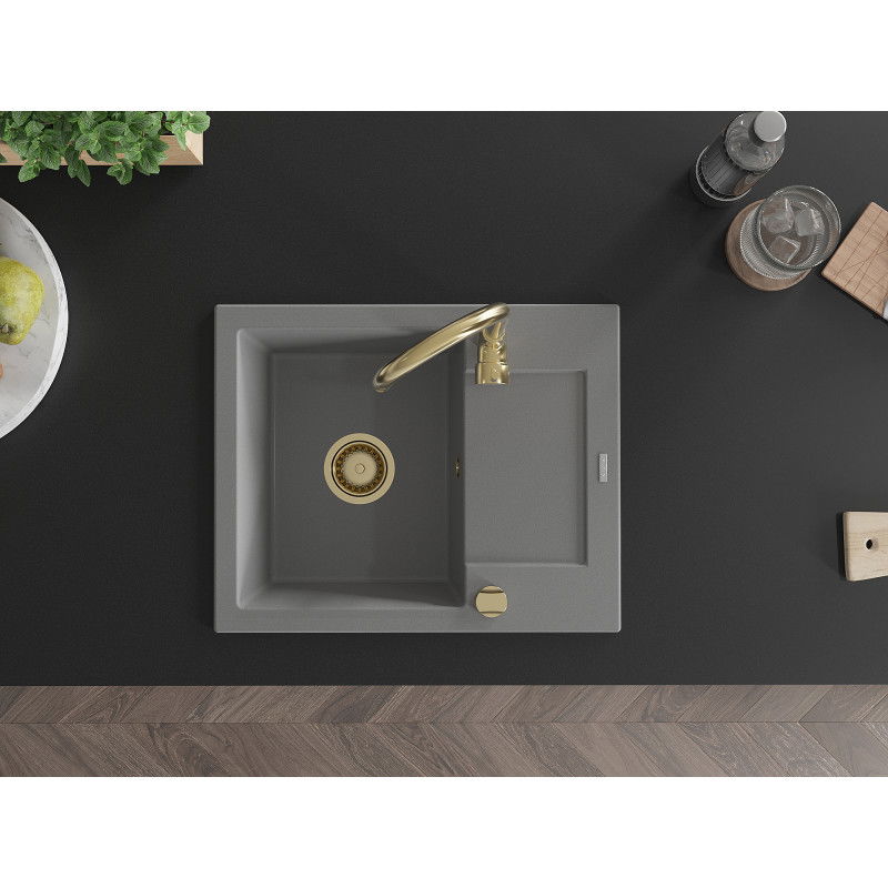 Mexen Enzo гранитна мивка с 1 камера и дренаж 576 x 465 мм, сив, златен сифон - 6506571005-71-G