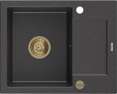 Mexen Enzo кухненска мивка от гранит 1-корита с отцедник 576 x 465 mm, черно с пръски, златен сифон - 6506571005-76-G