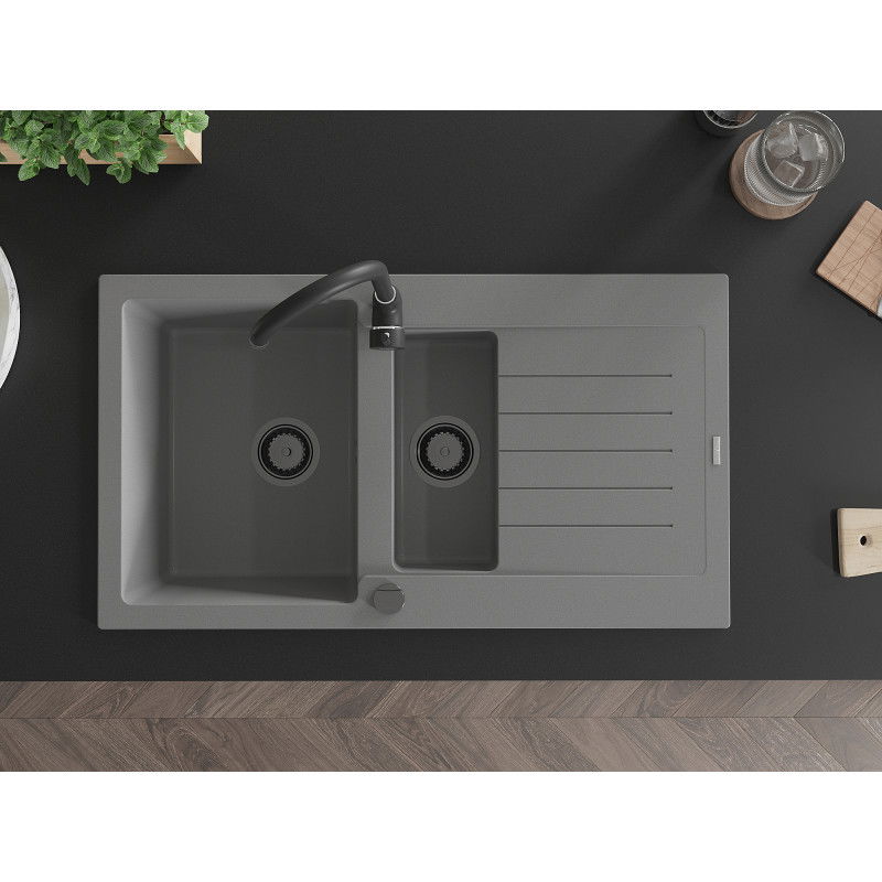Mexen Matias гранитна мивка с 1,5 отделения с отцедник 900 x 505 мм, сива, черен сифон - 6502901505-71-B