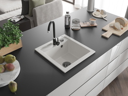 Mexen Vito гранитна мивка с 1 отделение 520 x 490 mm, бяла, черен сифон - 6503521000-20-B