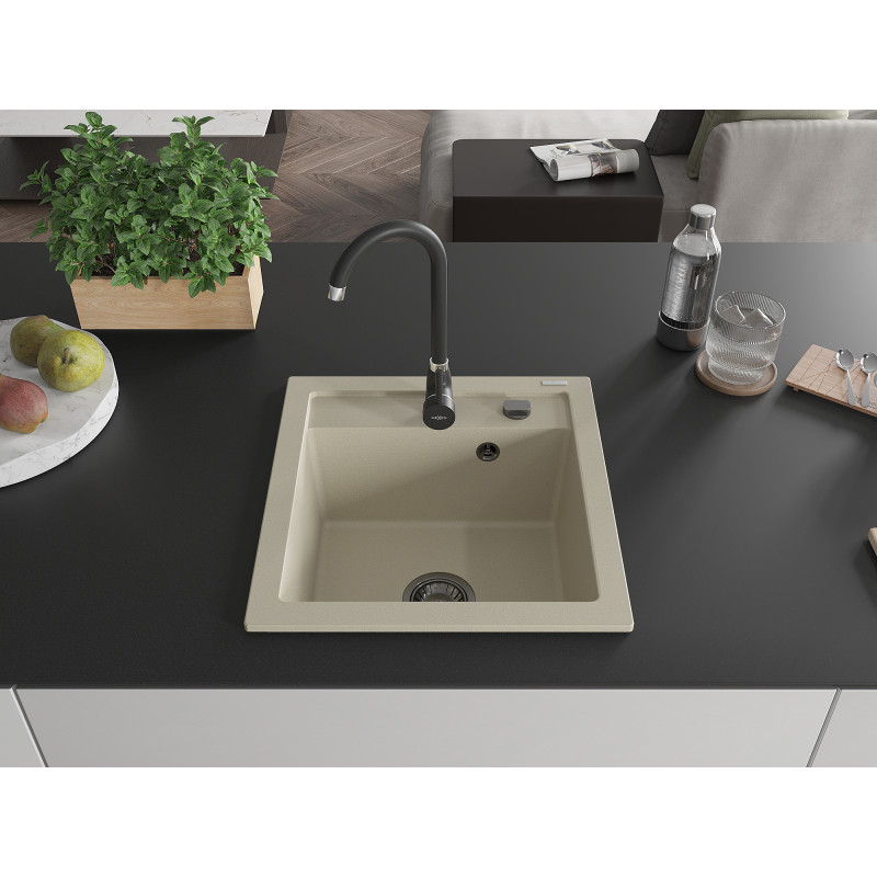 Mexen Vito гранитна мивка с 1 отделение 520 x 490 mm, бежова, черен сифон