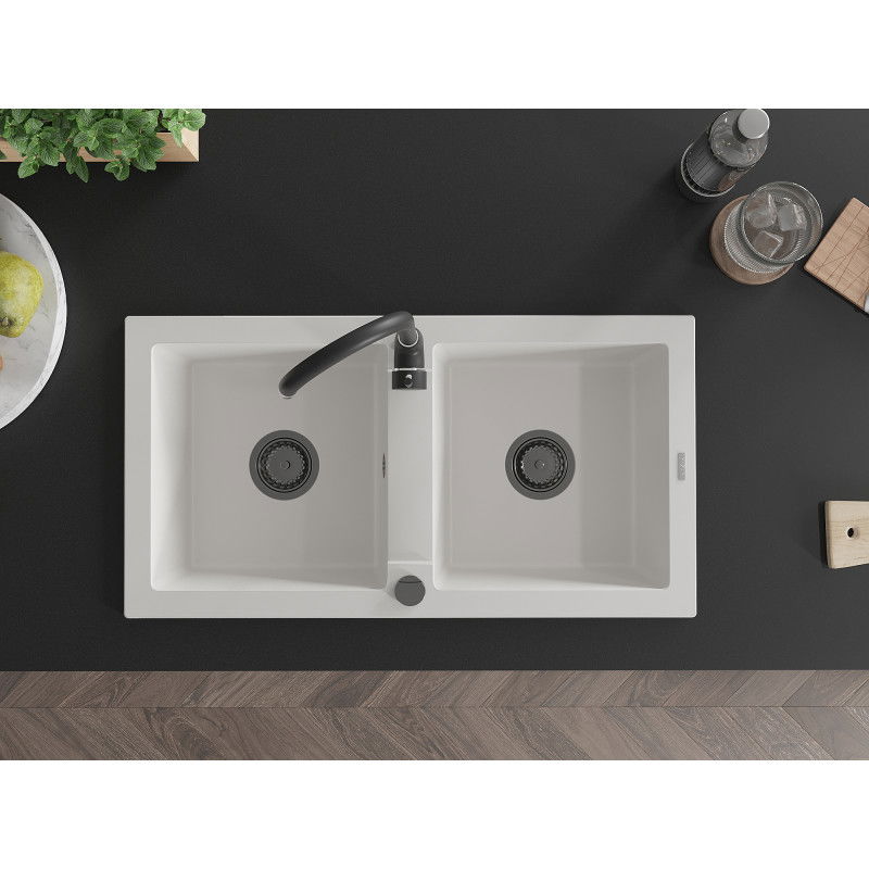 Mexen Mario гранитна кухненска мивка с 2 камери 820 x 436 mm, бял, черен сифон - 6504822000-20-B