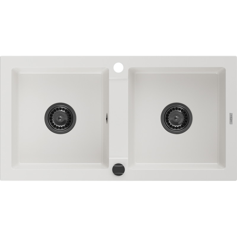 Mexen Mario гранитна мивка с 2 камери 820 x 436 мм, бяла, черен сифон - 6504822000-20-B