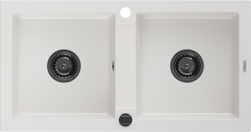 Mexen Mario гранитна кухненска мивка с 2 камери 820 x 436 mm, бял, черен сифон - 6504822000-20-B