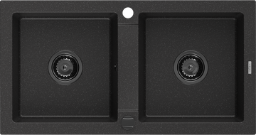 Mexen Mario гранитна мивка с две отделения 820 x 436 мм, черен/сребърен металик, черен сифон - 6504822000-73-B