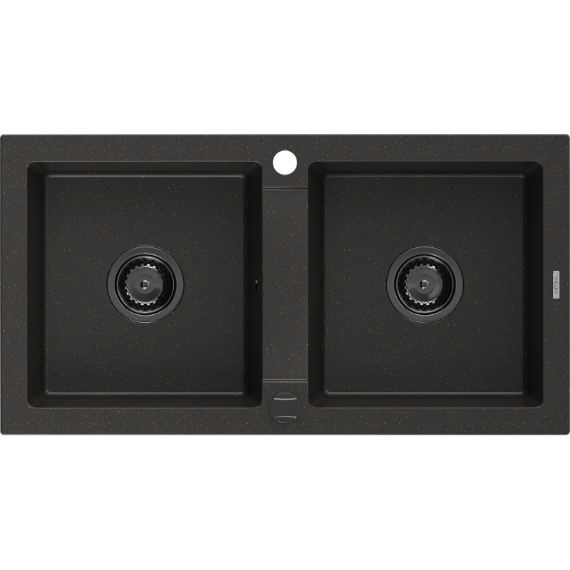 Mexen Mario гранитна мивка с 2 камери 820 x 436 мм, черен/златен металик, черен сифон - 6504822000-75-B