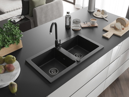 Мексен Марио гранитна мивка 2-коморна 820 x 436 мм, черна, черен сифон - 6504822000-77-B