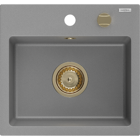 Mexen Milo гранитна мивка с 1 отделение 435 x 410 мм, сива, златен сифон - 6505441000-71-G