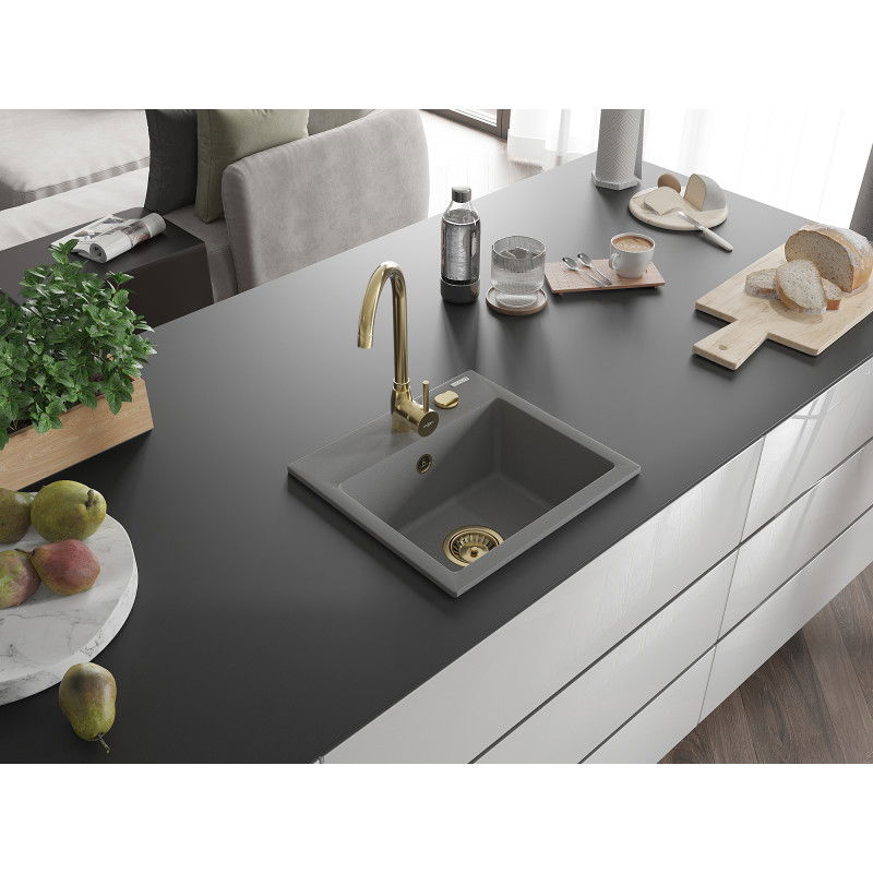 Mexen Milo гранитна мивка с 1 отделение 435 x 410 мм, сива, златен сифон - 6505441000-71-G
