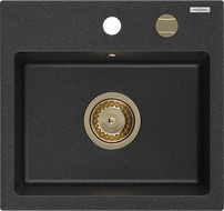 Mexen Milo гранитна мивка с 1 камера 435 x 410 мм, черен/сребрист металик, златен сифони комплект - 6505441000-73-G