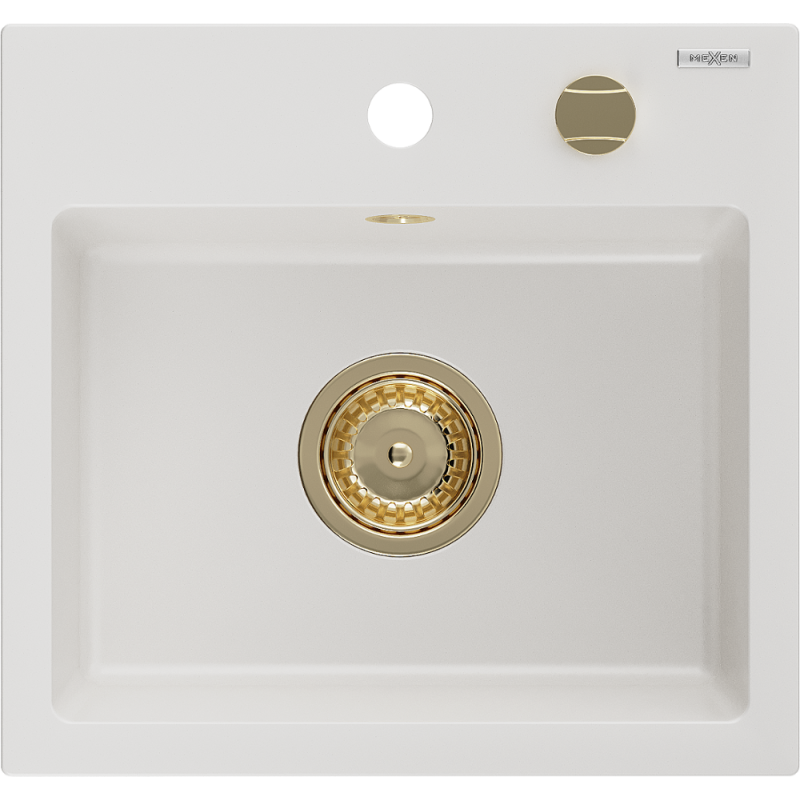 Mexen Milo гранитна мивка с 1 гнездо 435 x 410 мм, бяла, със златен сифон